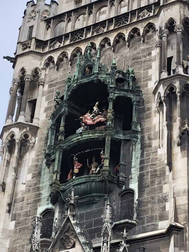 Close up photo of the glockenspiel on Neue Rathaus in Marienplatz, Munich, Germany.