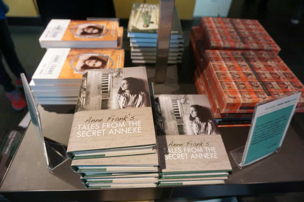 Stacks of books on a table at Anne Frank House in Amsterdam.