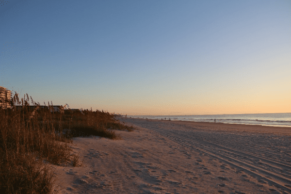 Sandy beach and sand dunes by ocean at the Resort on Cocoa Beach, Florida.