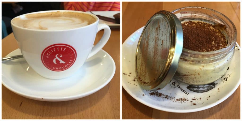 Collage of two photos - on left is a Juliette & Chocolate cup of latte sitting on saucer and on right is dessert in jar and metal lid sitting on a saucer.