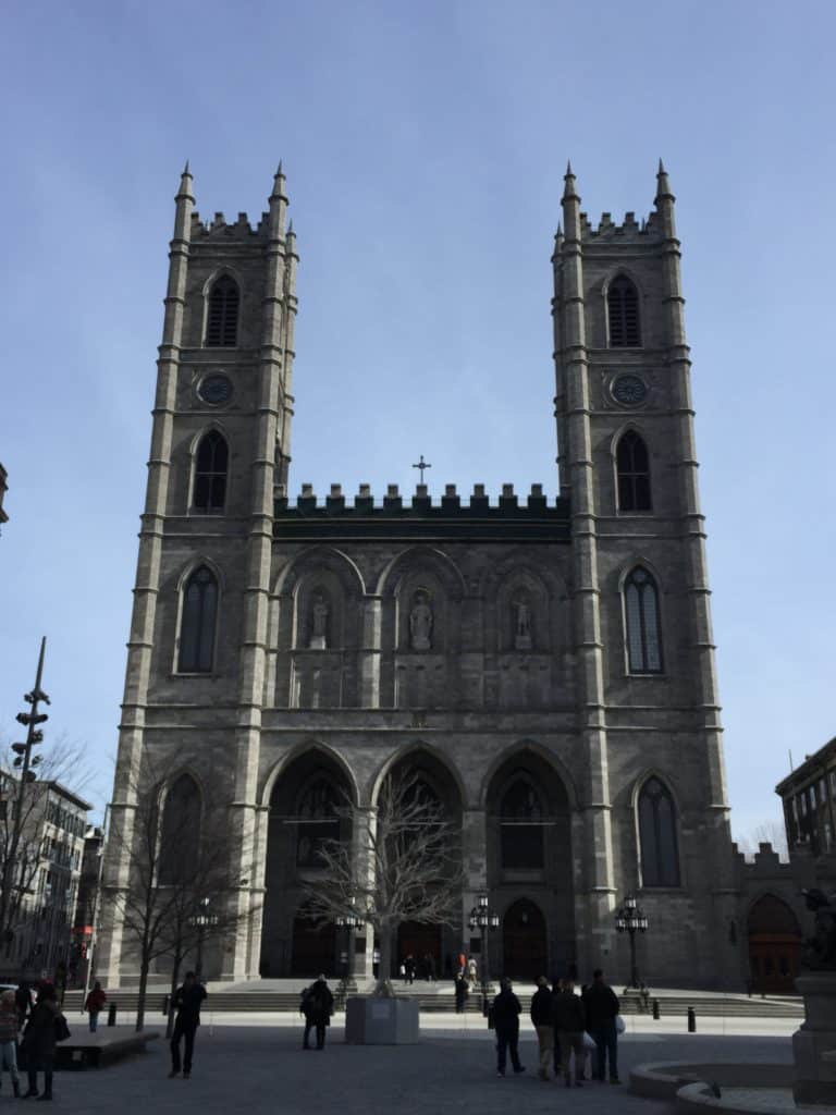 Exterior of Notre Dame Basilica in Montreal, Quebec.