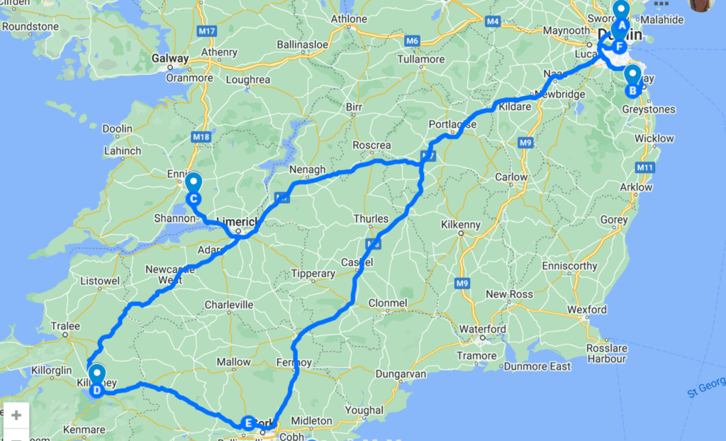 Map of Ireland showing the driving route for our 8 day Itinerary in Ireland.