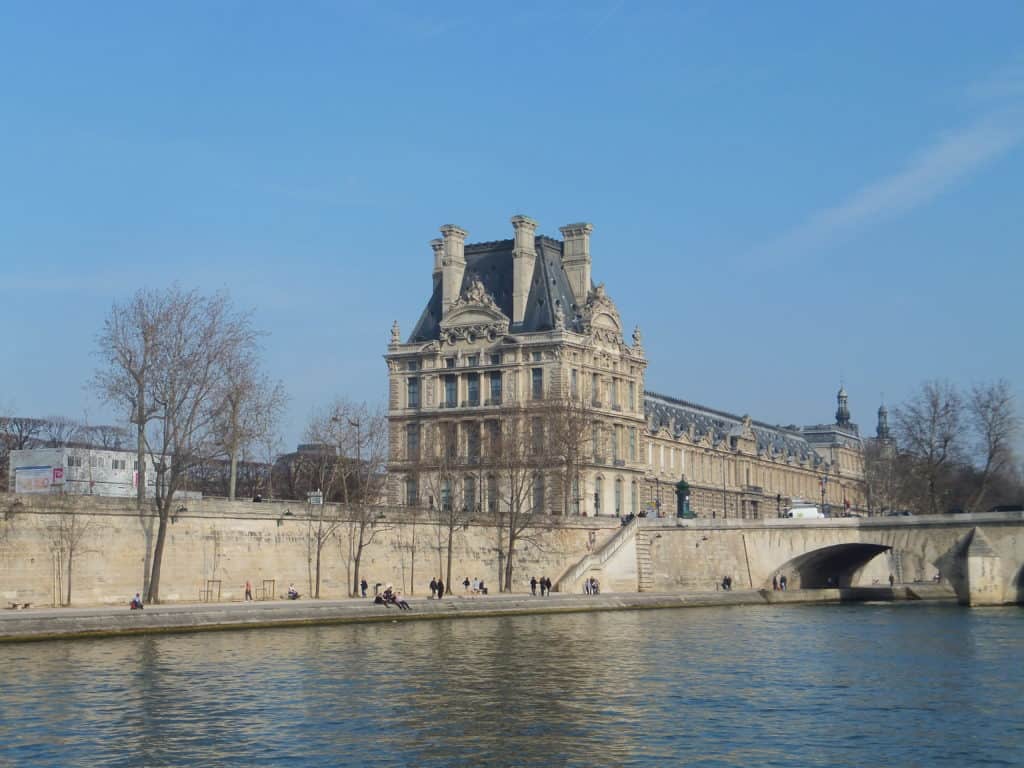 Approaching the Louvre in Paris on a Seine River cruise.