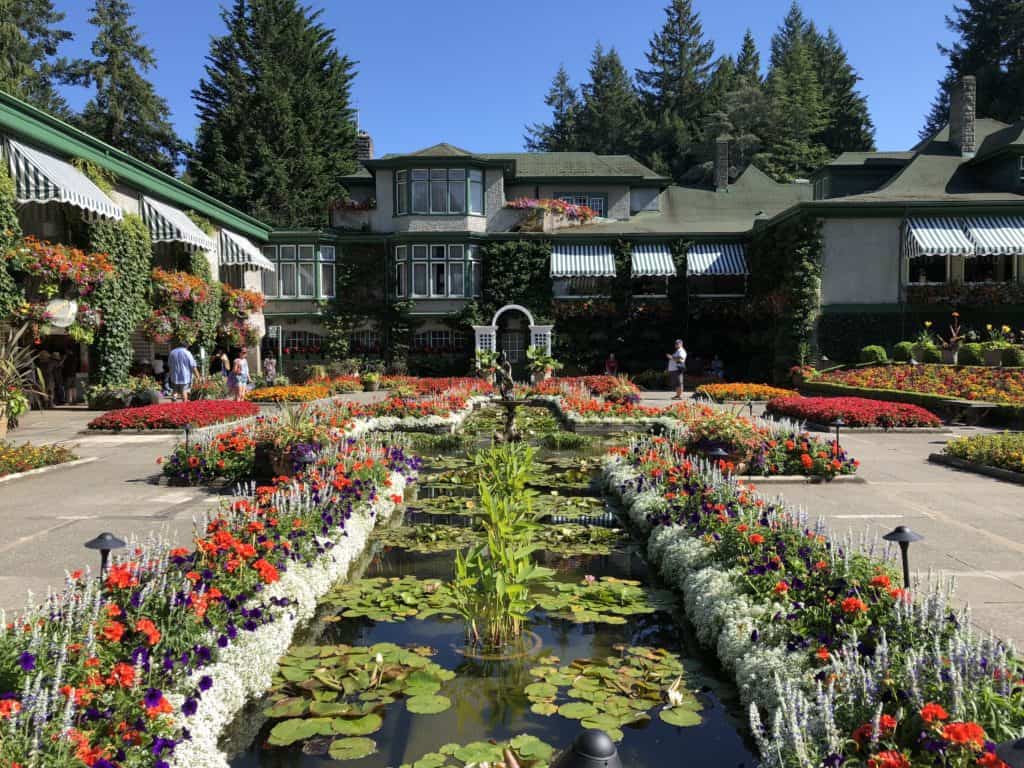 Italian Garden, The Butchart Gardens, Victoria, British Columbia - long rectanngular pond filled with plants and lily pads surrounded by flower beds with red flowers in front of buildings.