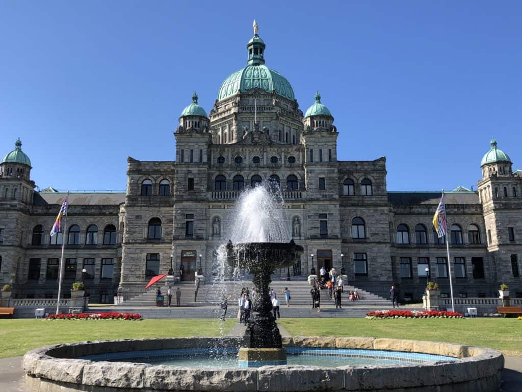 Fountain in front of British Columbia Parliament building in Victoria, British Columbia.