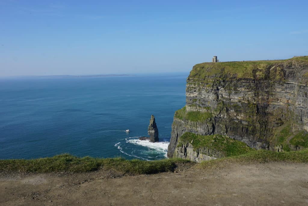 Cliffs of Moher on a bright sunny day with blue skies.