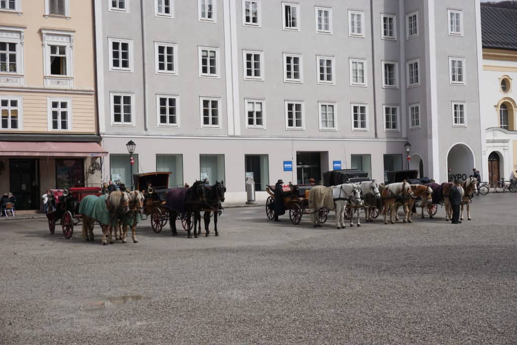 Horses with carriages lined up outside building in Oldtown Salzburg, Austria.