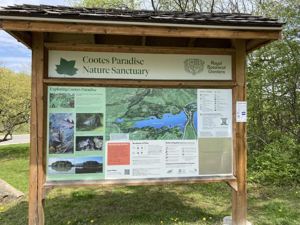Information sign for Cootes Paradise Nature Sanctuary at RBG Arboretum, Hamilton, Ontario.