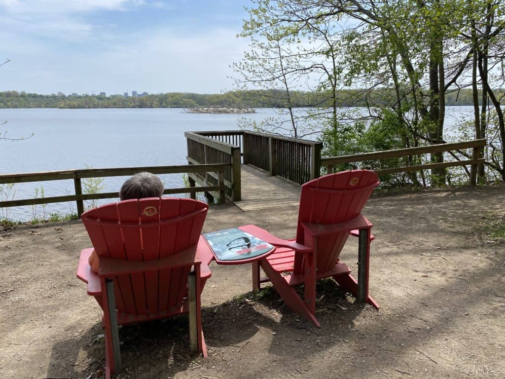 Person sitting in one of two red Parks Canada chairs facing Cootes Paradise Marsh.