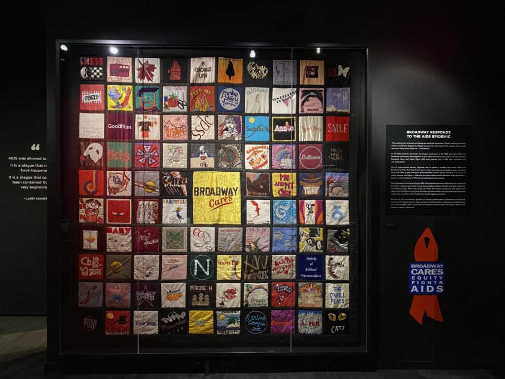 Broadway Cares - Equity Fights AIDS quilt with squares of show playbills on display at the Museum of Broadway in New York City