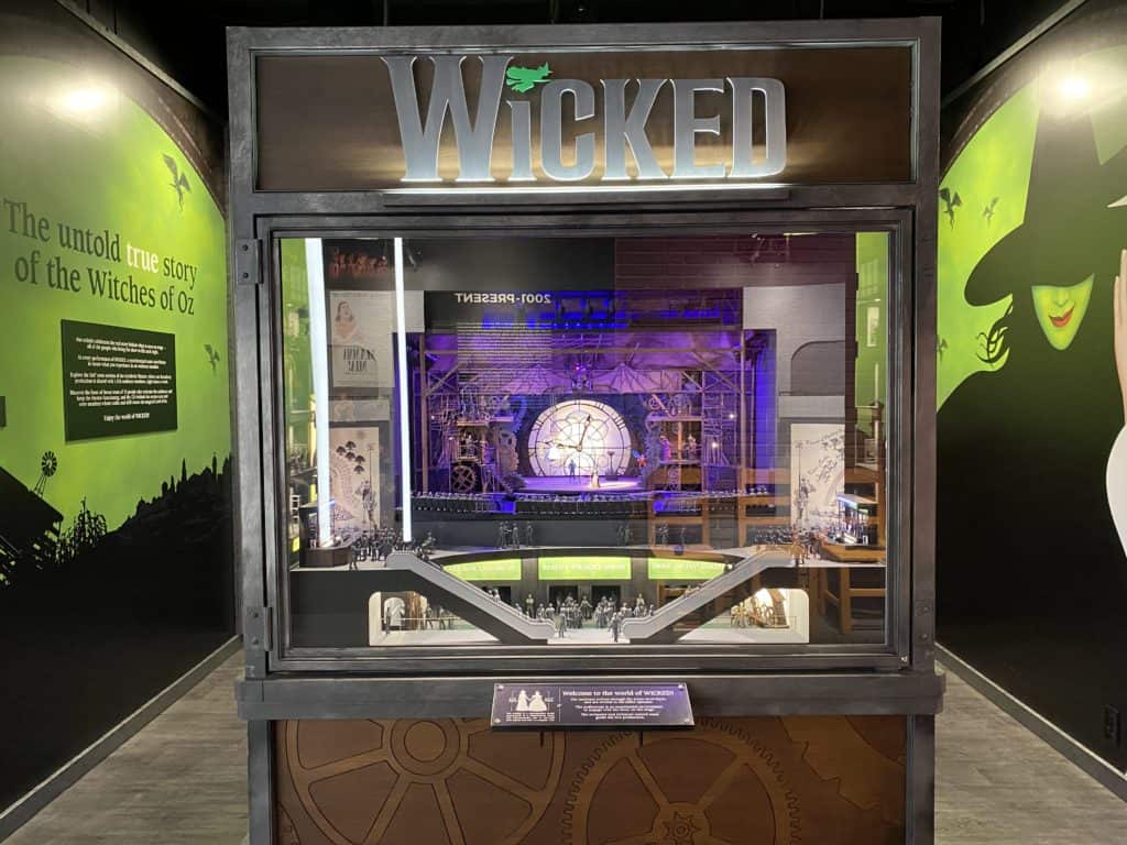 Display case of model of the Wicked theatre at the Museum of Broadway.