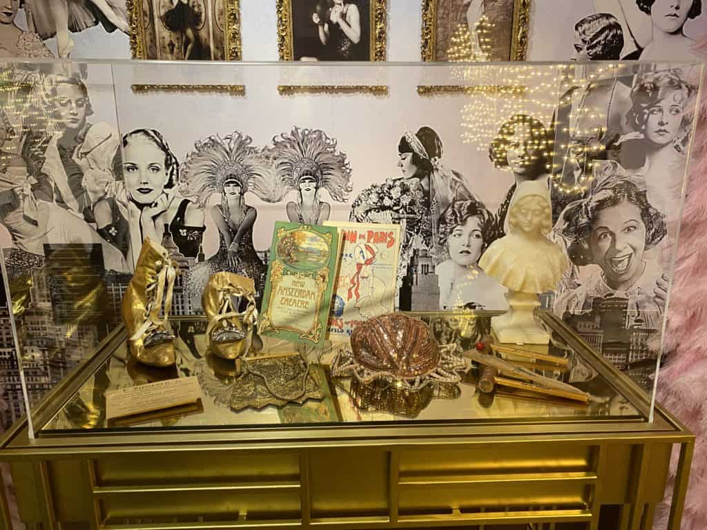 Display case with items and memorabilia relating to Ziegfeld's Follies on display at the Museum of Broadway in New York City.