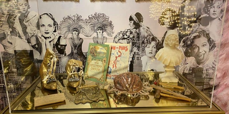 display case of artifacts from ziegfeld follies at the museum of broadway in New York City.