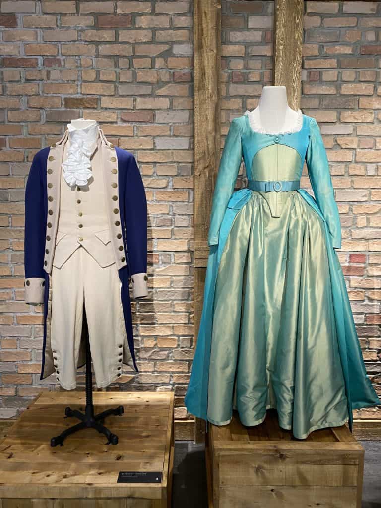 Costumes from Hamilton - Alexander and Eliza - on display at the Museum of Broadway.