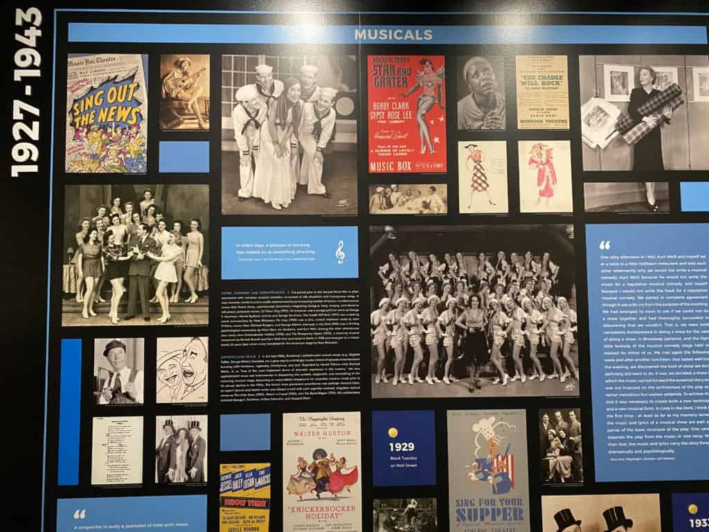 Display board for 1927-1943 musicals at Museum of Broadway - photos and text relating to various shows.