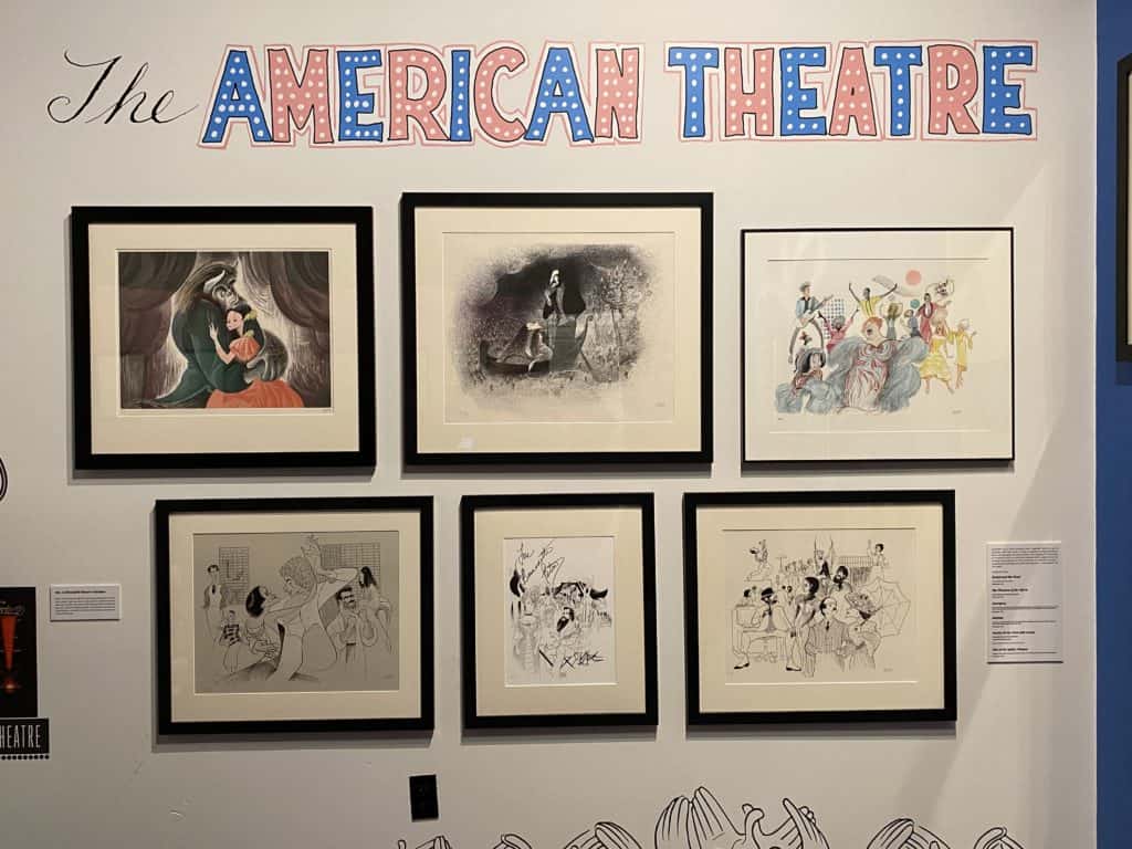 Wall display of 5 sketches by Hirschfeld with heading saying "The American Theatre".
