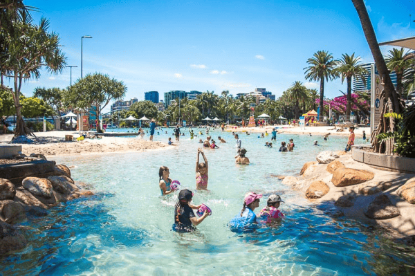 Kids playing in pool, South Bank Parklands, Brisbane, Australia.