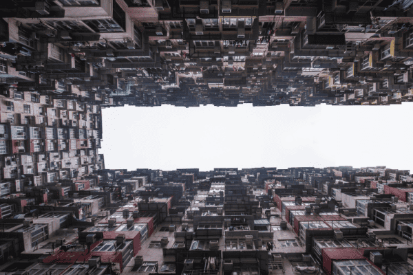 View of buildings looking up from Yick Fat courtyard, Hong Kong.