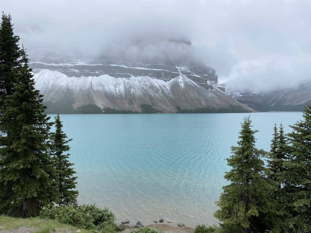 Bow Lake on Icefields Parkway - blue lake visible between evergreen trees with mountain topped with snow and surrounded by fog in the background.