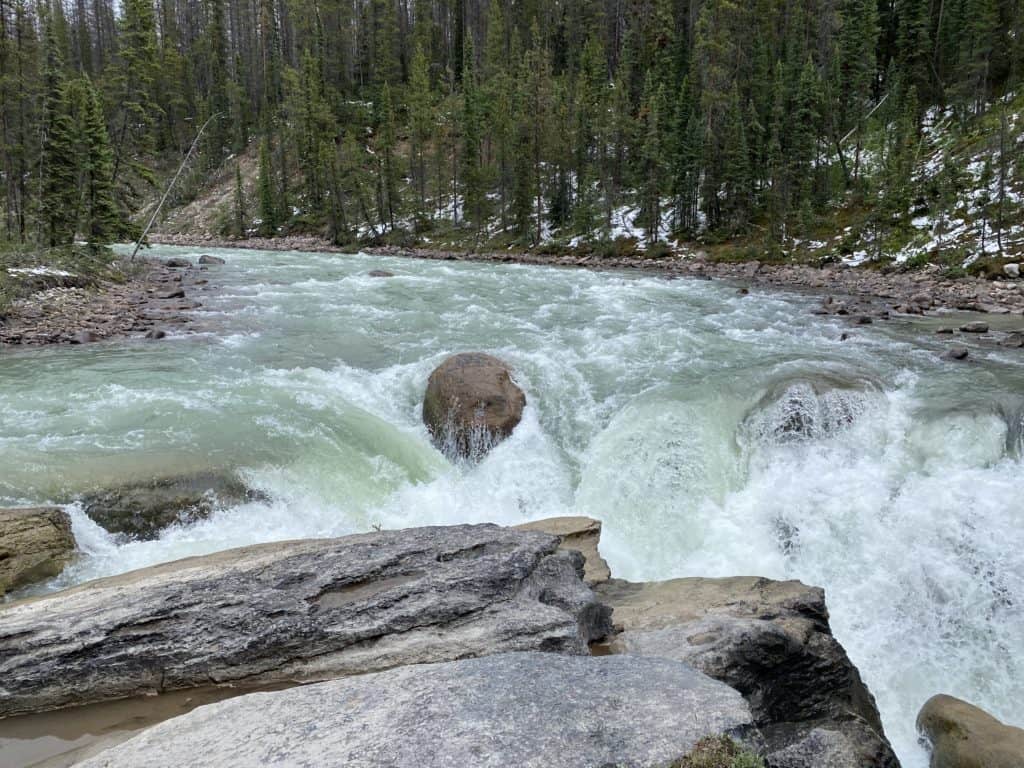 Sunwapta Falls at top with water rushing over rocks.