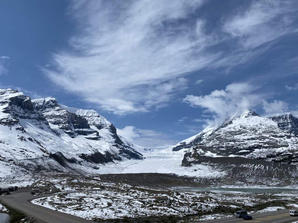 Blue sky day view of Columbia Icefields from Glacier View Lodge.