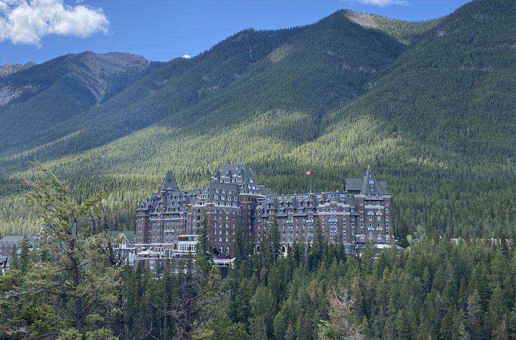 Banff Springs Hotel with mountain in background.