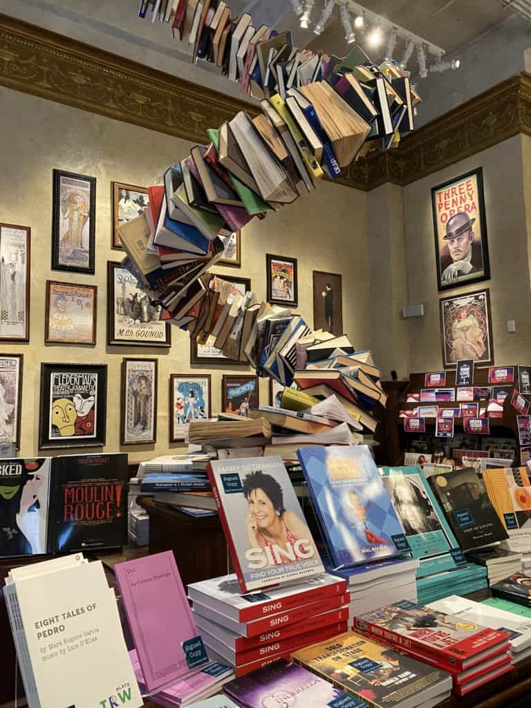 Book display inside The Drama Book Shop.