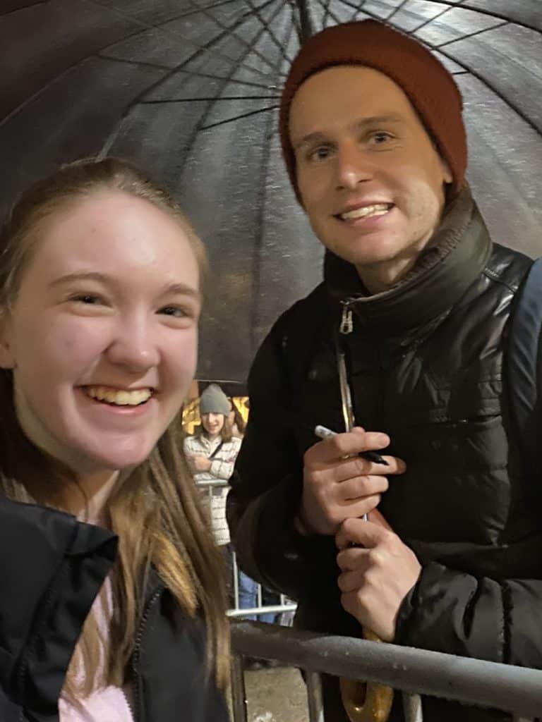 Young woman meeting Jonathan Groff at stage door on Broadway in New York City.