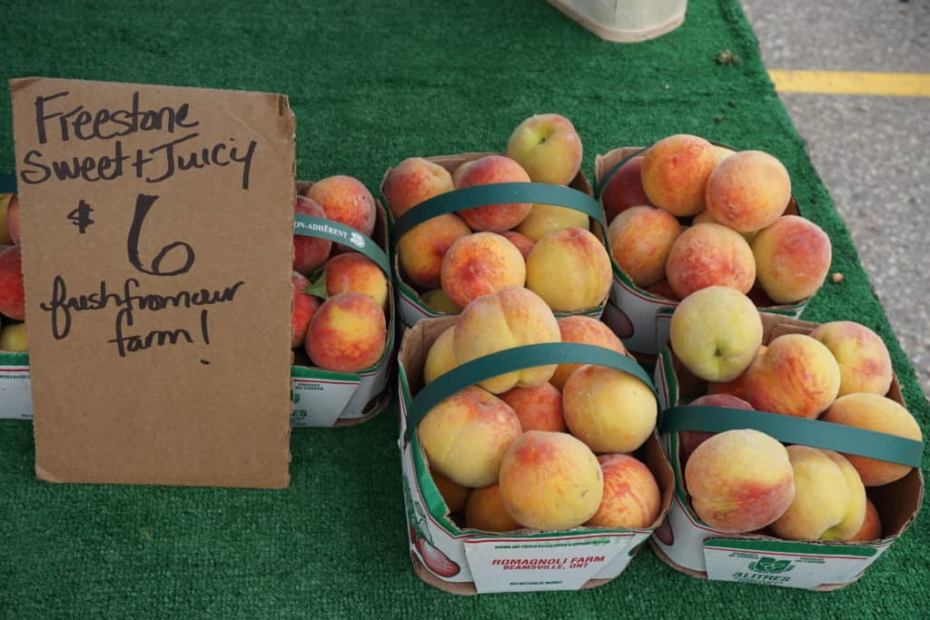 Baskets of peaches on display on a green covered table with cardboard sign reading Freestone Sweet & Juicy $6 fresh from our farm.
