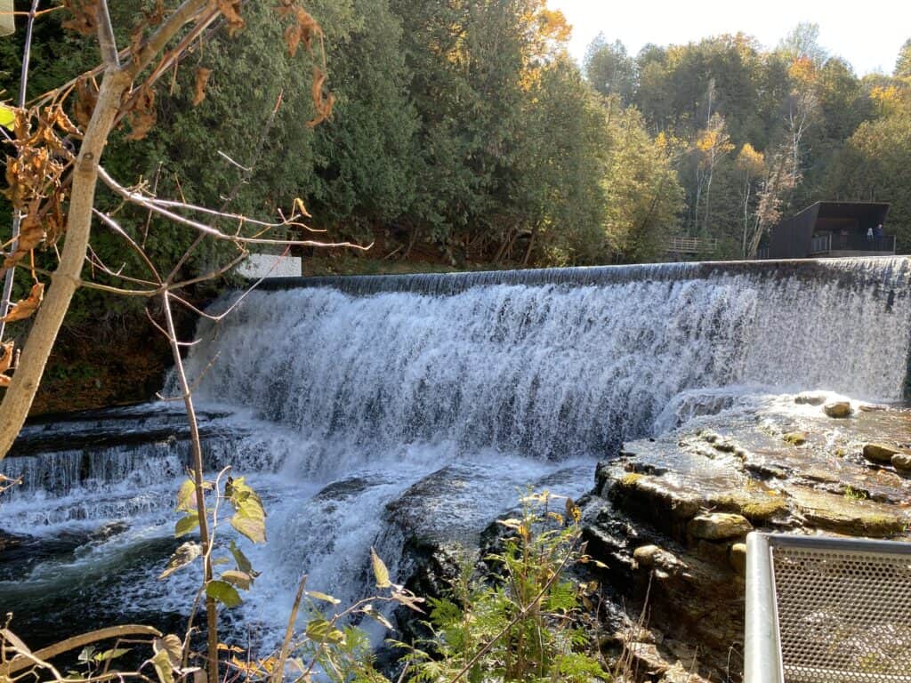 Waterfall at Belfountain Conservation Area on a fall day with trees in background.