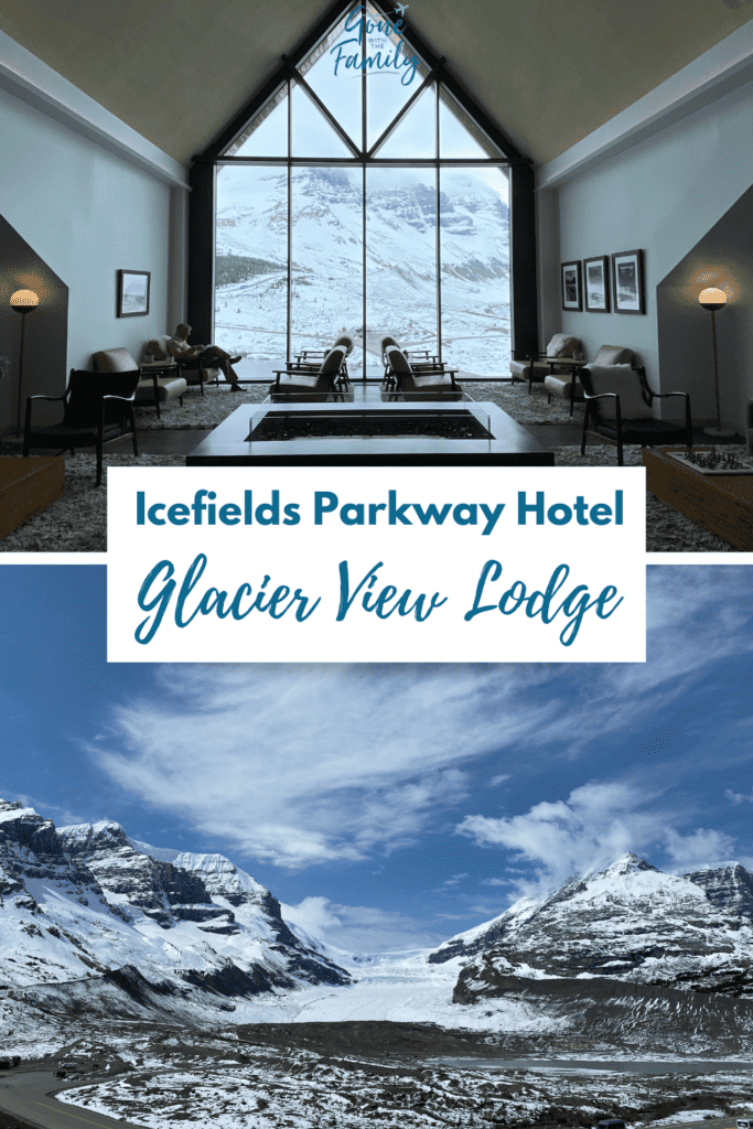Pinterest Image - two photos of Glacier View Lodge with text overlay reading Icefields Parkway Hotel Glacier View Lodge.