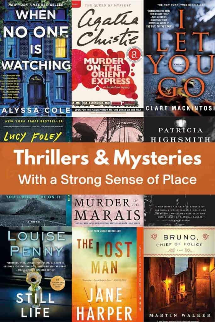 Grid image of 9 book covers with text overlay reading Thrillers and Mysteries With a Strong Sense of Place.