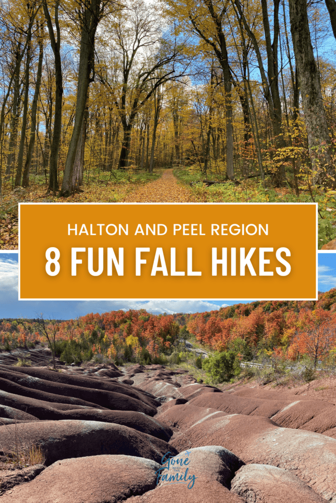 Pinterest image - top photo of trail through woods in fall season with coloured leaves on trees and ground; bottom photo Cheltenham Badlands with fall colours and text overlay reading Halton and Peel Region 8 Fun Fall Hikes.