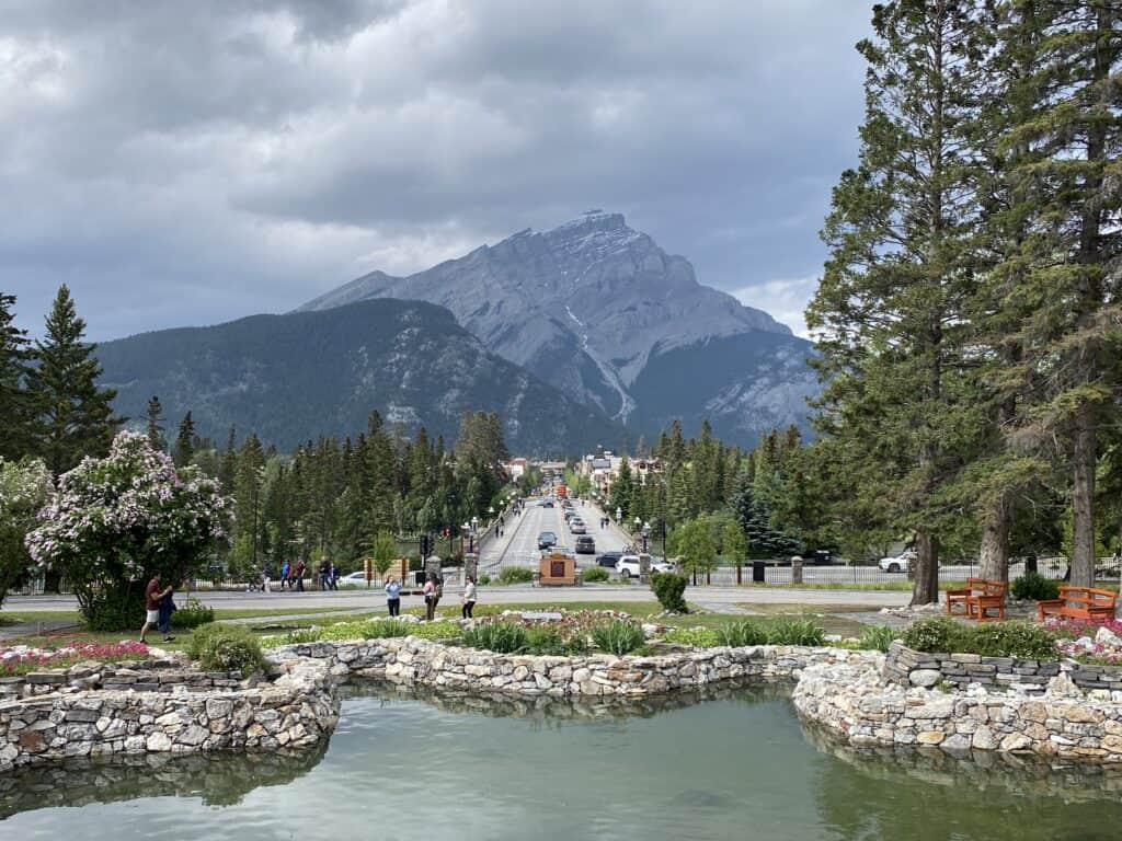 View of Banff Avenue and mountains from Cascade Gardens.
