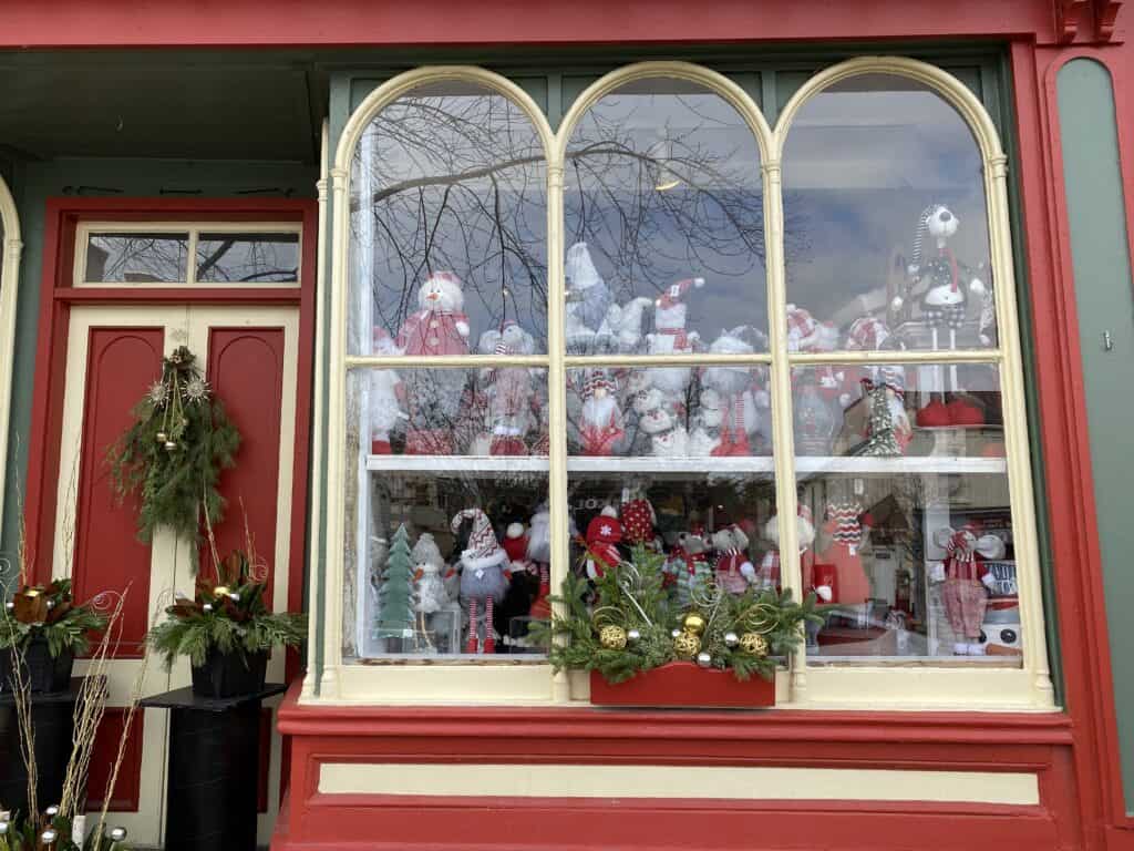 Window display of Christmas decorations at Just Christmas in Niagara-on-the-Lake.