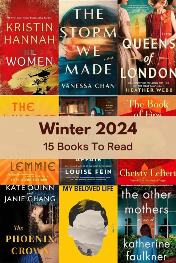 Grid image for Pinterest of 9 book covers and text overly reading Winter 2024 - 15 Books To Read.