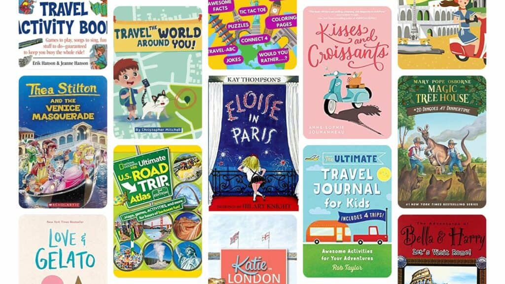 Grid image of book covers for Travel Books for Kids.