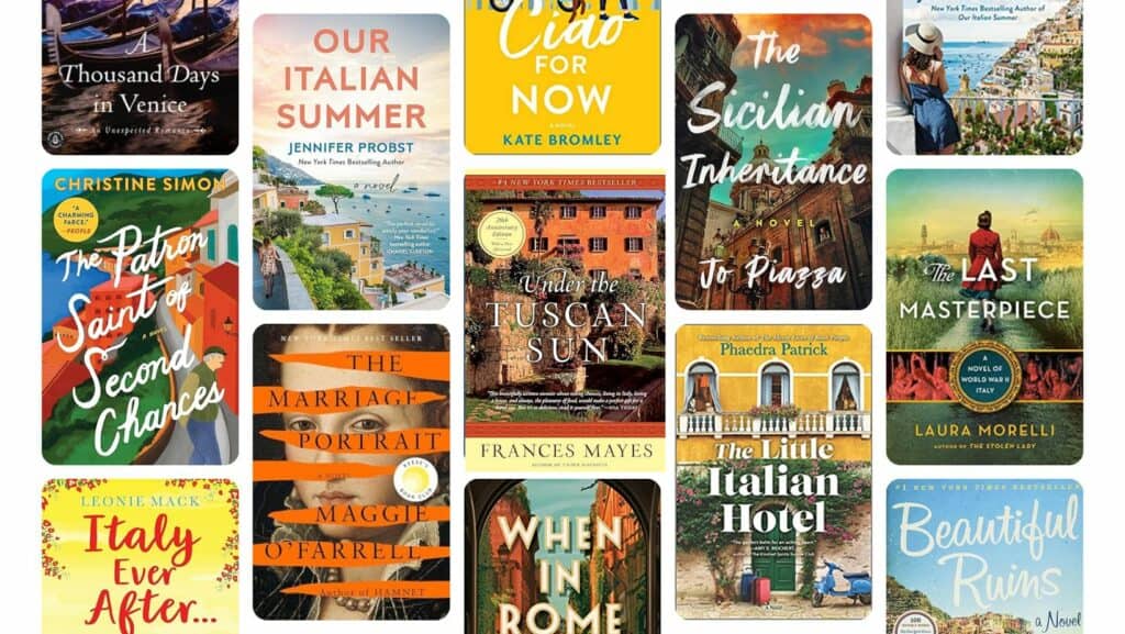 Grid of 13 books set in Italy cover images.