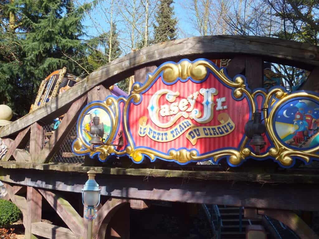 Sign for Casey Jr. circus train at Disneyland Paris.