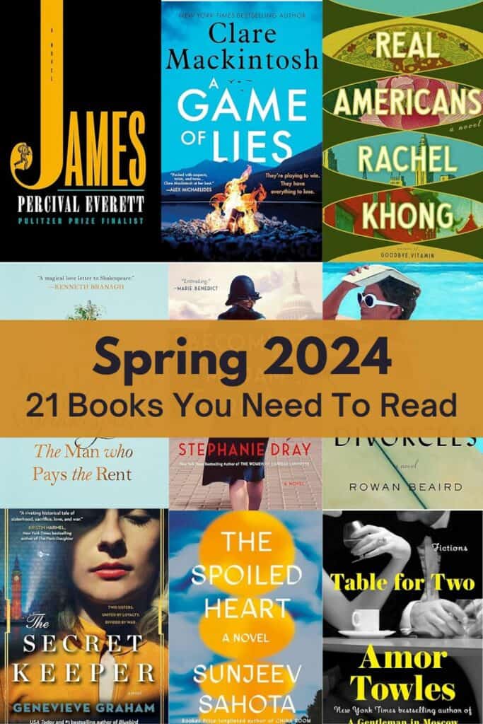 Pinterest Image for 21 Books to Read This Spring (2024) - grid image of 9 book covers with text overlay.
