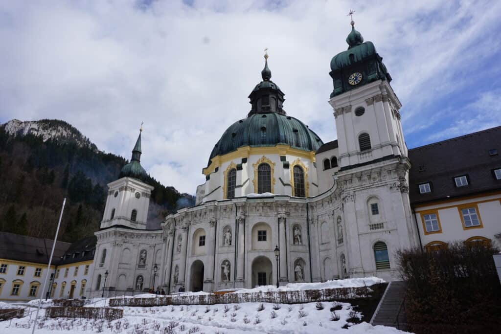 Ettal Monastery near Munich, Germany with some snow on the ground.