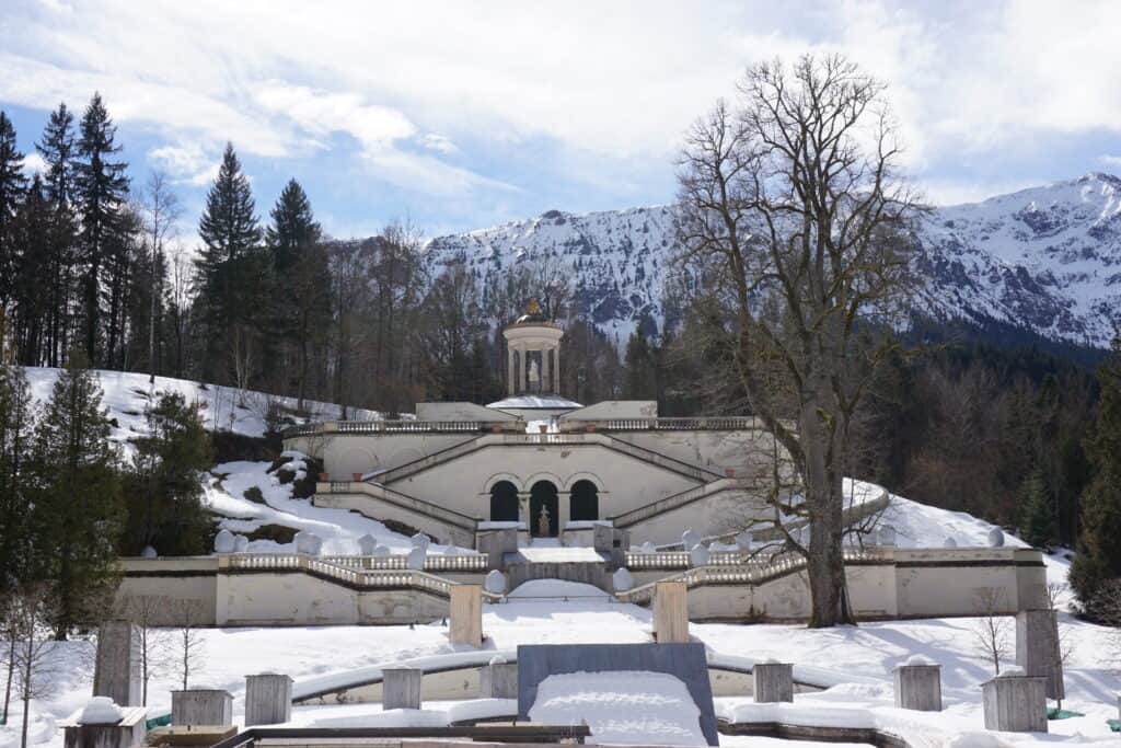 Linderhof Palace Gardens with snow covered ground.