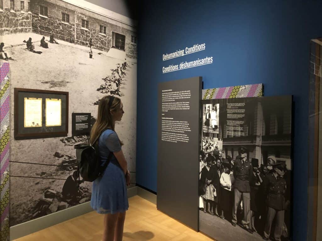 Teenage girl in blue dress and backpack reading information on Mandela 100 exhibit at the Canadian Museum for Human Rights.