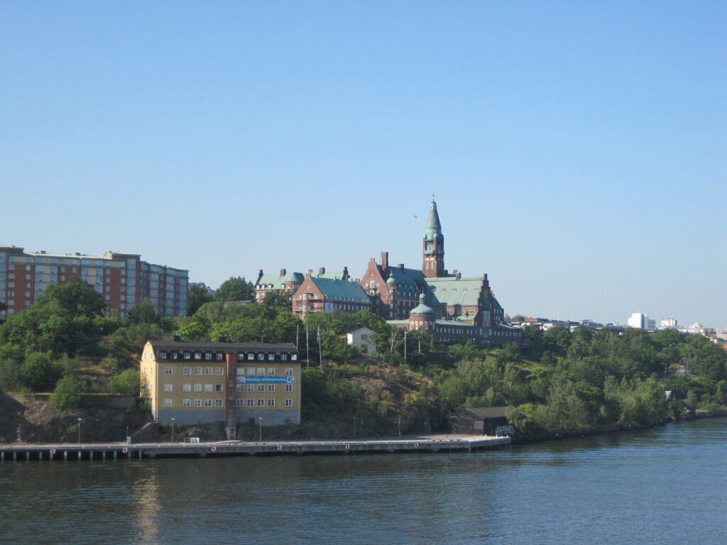 View of Stockholm from the balcony of a cruise ship.