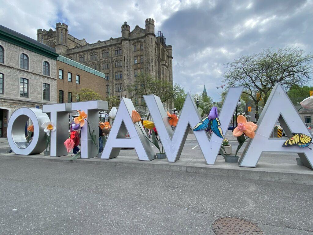 Colourful tulips and butterflies adorning the white letters of the Ottawa sign in Byward Market during the Canadian Tulip Festival.