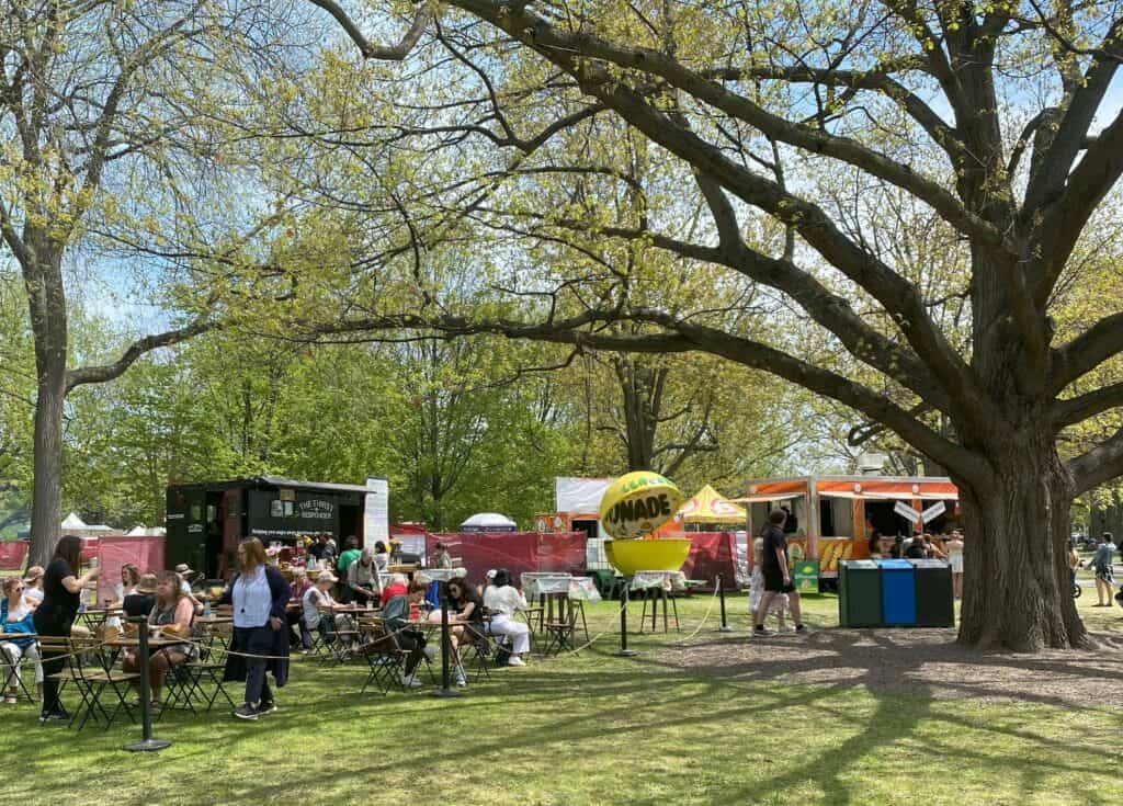 Food trucks and eating area set up in Commissioner's Park during the Canadian Tulip Festival.