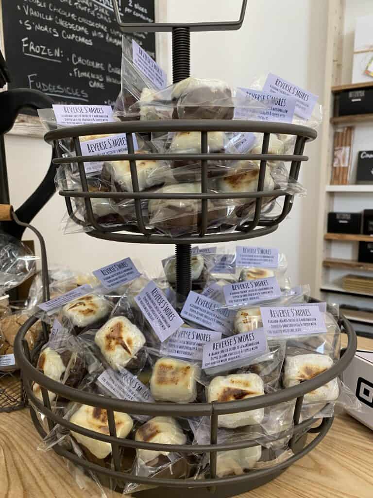 two tier wire basket of reverse s'mores treats at Finnia Chocolate in Gore Bay on Manitoulin Island.