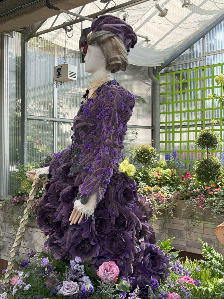the dowager countess in dark purple floral mannequin in breezeway at royal botanical gardens.