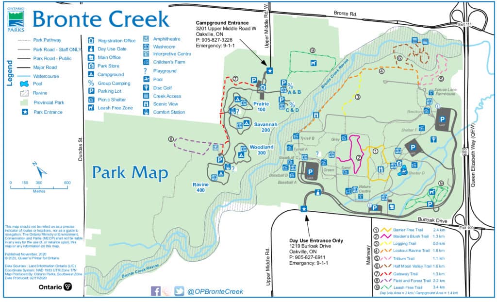 map of Bronte Creek Provincial Park.