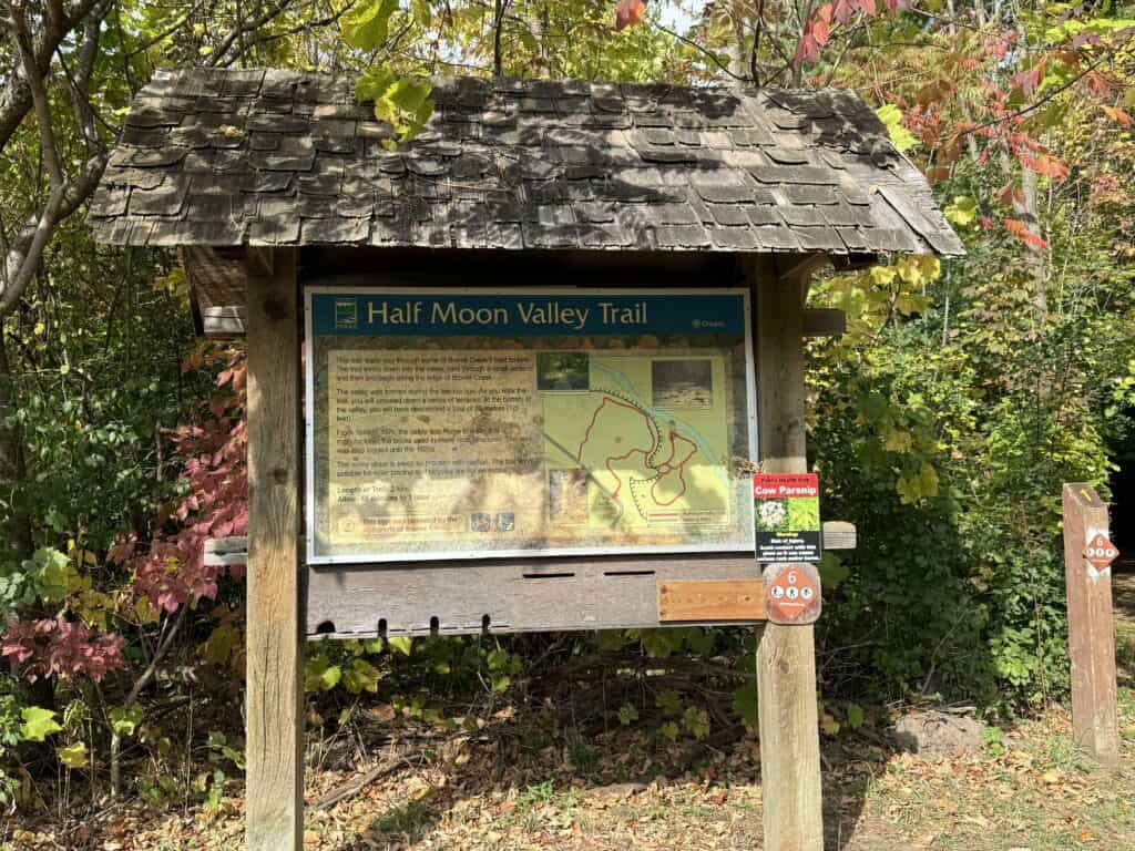 Half Moon Valley Trail map and information board in Bronte Creek Provincial Park.